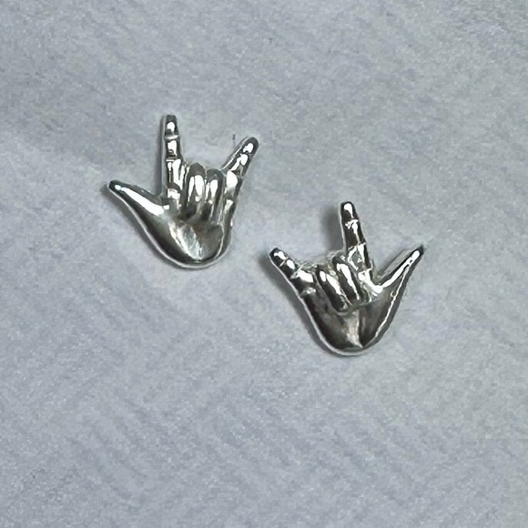 Sterling Silver I Love You ASL Sign Simple Stud Earrings - Picture 6 of 14